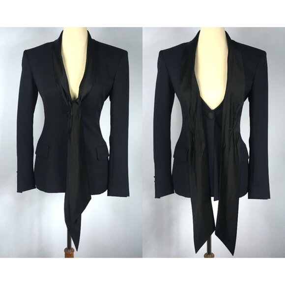 Faith Connexion Navy Blue Tuxedo Blazer Jacket Wool Silk Bow Satin Lapels XS 0 2 - Picture 5 of 16